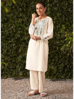 Lakshita - Women Ivory Embroidered Cotton Kurta with Pant (Set of 2)
