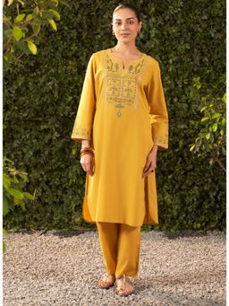 Lakshita - Women Yellow Embroidered Cotton Kurta with Pant (Set of 2)