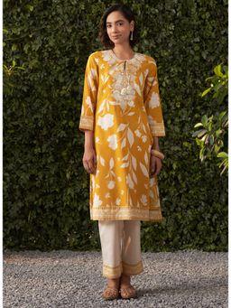 Lakshita - Women Mustard Printed Rayon Kurta with Pant (Set of 2)
