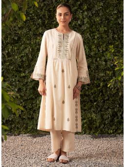 Lakshita - Cream Embroidered Rayon Kurta with pant (Set of 2)