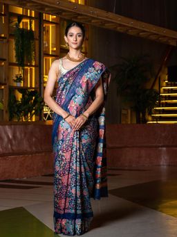 Beatitude - Blue Pink Floral Zari Chanderi Cotton Saree with Unstitched Blouse