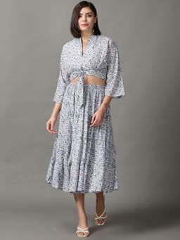 SHOWOFF - Womens Shawl Neck Printed Blue Co-Ord (Set of 2)