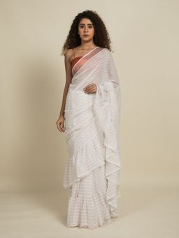 Suta - White Zari Stripes Ruffle Saree