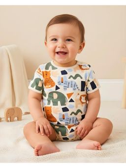 My Milestones - 100% Cotton Half Sleeves Animals Onesie - Cream