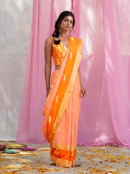 WeaverStory - Handwoven Peach Mercerised Cotton Saree with Orange Border with Unstitched Blouse