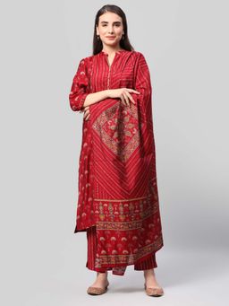 Shree - Women Modal Chanderi Maroon Floral Printed Kurta Trouser Dupatta (Set Of 3)