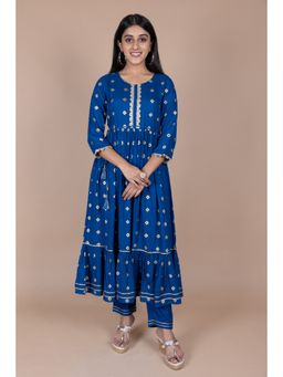 Kasya - Blue Gold Printed Viscose Tiered Anarkali Kurta with Narrow Pant (Set of 3)