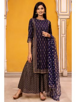 Kasya - Navy Blue Gold Printed Kurta with Side Tie-ups with Sharara Dupatta (Set of 3)