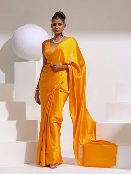 Swtantra - Yellow Shark Butter Chiffon Saree with Beads and Embroidered with Unstitched Blouse