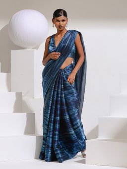 Swtantra - Prism Blue Print Organza Chiffon Saree with Bead Latkan & Self with Unstitched Blouse