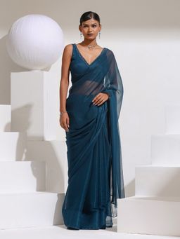 Swtantra - Petrol Blue Shimmer Chiffon Saree with Beads and Self with Unstitched Blouse