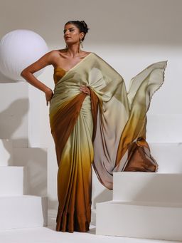 Swtantra - Wood Green and Brown Ombre Chiffon with Swarovski Style Lace and Self with Unstitched Blouse