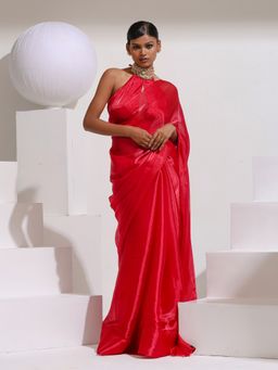 Swtantra - Barbie Pink Chiffon Saree with Beads and Self with Unstitched Blouse