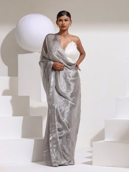 Swtantra - Star Galaxy Grey Organza Satin Saree with Beads On Pallu with Unstitched Blouse