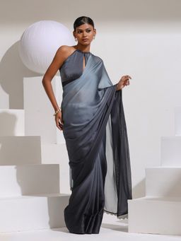 Swtantra - Black and Grey Ombre Chiffon Saree with Unstitched Blouse