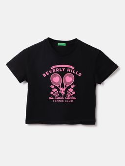 United Colors of Benetton - Cotton Printed Round Neck Girls Black T-shirts