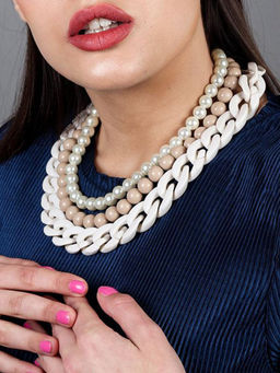 Odette - Chunky Multilayered Acrylic White & Beige Mixed Necklace
