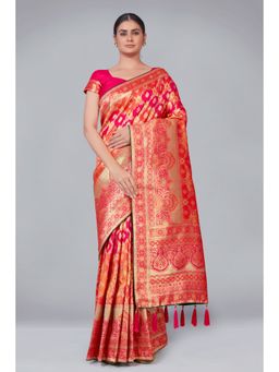 Monjolika Fashion - Banarasi Silk Pink and Orange Zari Woven Traditional Saree with Unstitched Blouse