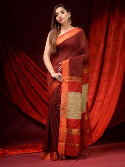 CHARUKRITI - Garnet Red Cotton Silk Handwoven Zari Border & Gheecha Pallu Saree with Unstitched Blouse