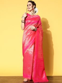 Akhilam - Womens Silk Blend Pink Woven Design Designer Saree with Unstitched Blouse