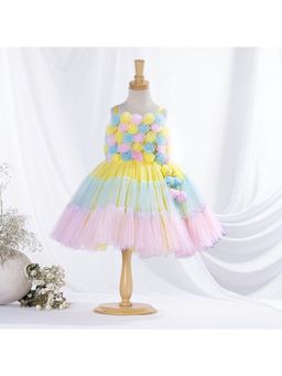 Mini Stitch - Multicolour Net Flower Crafted Frock With Tassels For Baby Girls