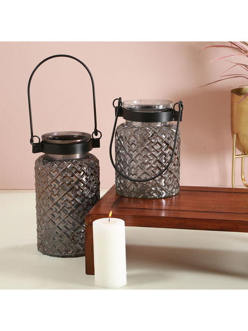 Manor House Roshni Patterned Glass Black Lustre Lantern Small 9.5 inch tall