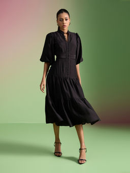 RSVP by Nykaa Fashion - Black Puff Sleeves Lace Detail Midi Dress