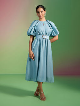 RSVP by Nykaa Fashion - Blue Raglan Puff Sleeves Midi Dress with Belt (Set of 2)