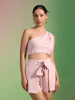 RSVP by Nykaa Fashion - Pink One Shoulder Crop Top High Waist Shorts Co-Ord (Set of 2)