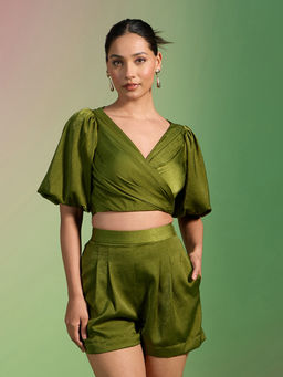 RSVP by Nykaa Fashion - Green V Neck Wrap Pleated Crop Top A Line Shorts Co-Ord (Set of 2)