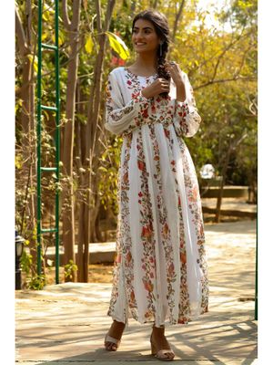 Off-White Chiffon Printed Flared Maxi Dress