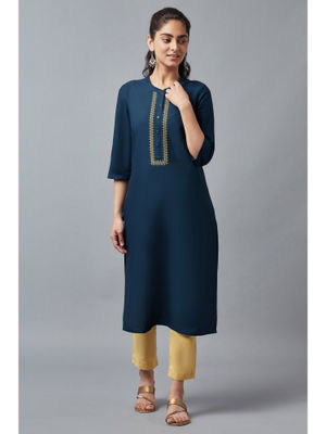 Women Blue Mandarin Collar Kurta