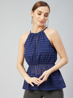 Marie Claire - Women Casual Blue Colour Halter Neck Self Design Regular Top