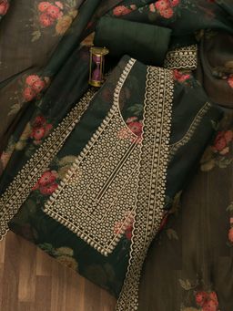 Koskii - Bottle Green Floral Printed & Zariwork Tissue Unstitched Salwar Suit (Set of Three)