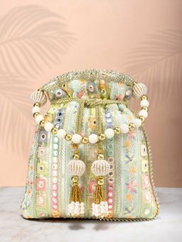 Peora - Sea Green Pink Embroidered Potli Clutch -P53MNT