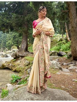 JATRIQQ - Cream Embroidered Work Saree with Unstitched Blouse