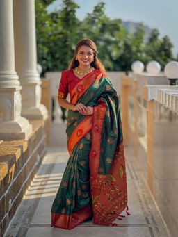 JATRIQQ - Green Soft Paithani Silk Zari Weaving Meenakari Design Saree with Unstitched Blouse