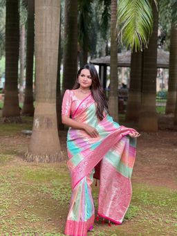 JATRIQQ - Multicolour Soft Banarasi Silk Zari Weaving Design Saree with Unstitched Blouse