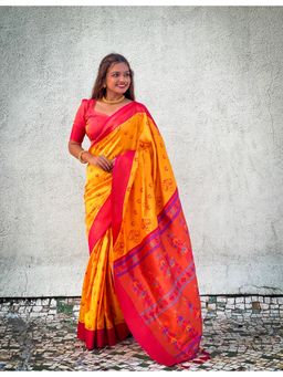 JATRIQQ - Yellow Soft Paithani Silk Zari Weaving Meenakari Design Saree with Unstitched Blouse