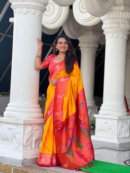 JATRIQQ - Yellow Soft Paithani Silk Zari Weaving Meenakari Design Saree with Unstitched Blouse