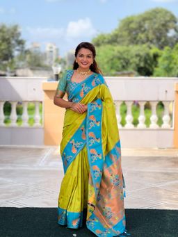 JATRIQQ - Popati Soft Paithani Silk Zari Weaving Meenakari Design Saree with Unstitched Blouse