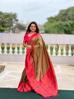 JATRIQQ - Mehendi Soft Paithani Silk Zari Weaving Meenakari Saree with Unstitched Blouse