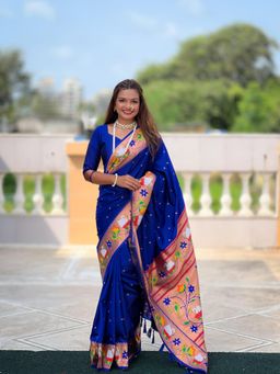 JATRIQQ - Royal Blue Soft Paithani Silk Zari Meenakari Design Saree with Unstitched Blouse