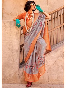 Mysilklove - Cloudy Grey and Orange Georgette Handloom Printed Saree with Unstitched Blouse