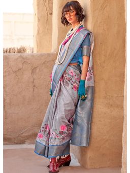 Mysilklove - Opal Blue Georgette Handloom Printed Saree with Unstitched Blouse
