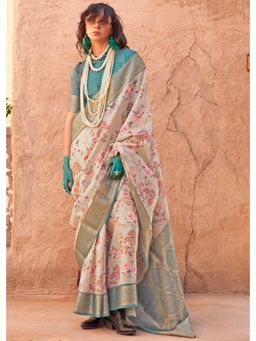 Mysilklove - Beige Cream and Green Georgette Handloom Printed Saree with Unstitched Blouse