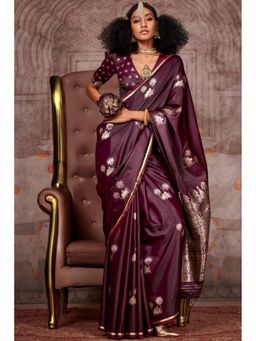Mysilklove - Dark Coco Wine Banarasi Peshwai Satin Saree with Unstitched Blouse