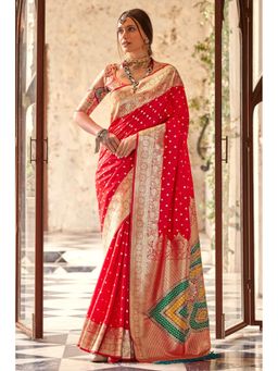 Mysilklove - Roman Red Woven Banarasi Soft Silk Saree with Unstitched Blouse