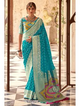 Mysilklove - Boston Blue Woven Banarasi Soft Silk Saree with Unstitched Blouse