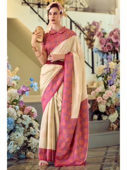 Mysilklove - Sidecar Cream Woven Banarasi Soft Silk Saree with Unstitched Blouse